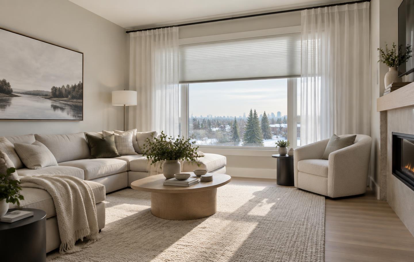 Bright living room with cellular shade and layered sheer drapery